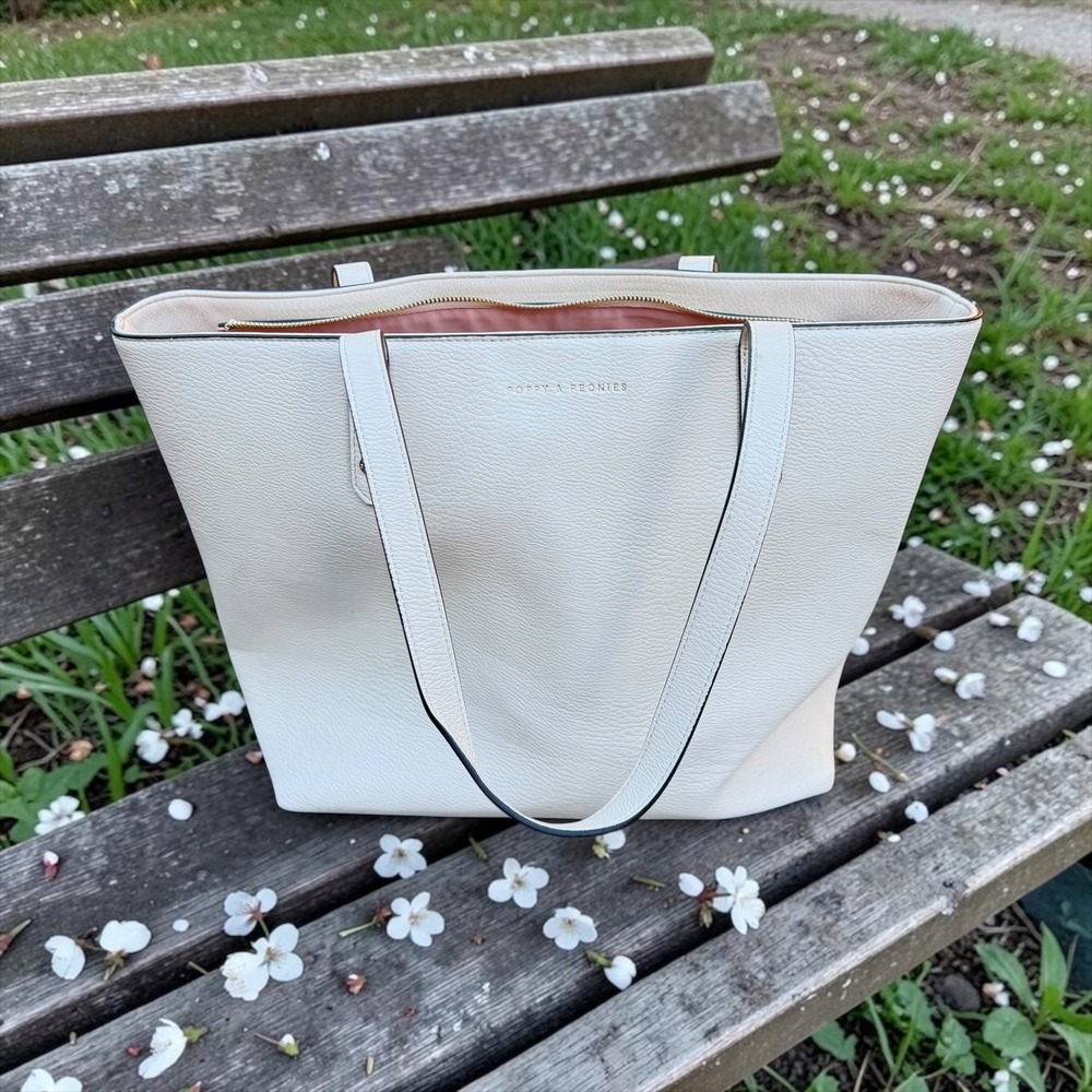 Poppy & Peonies Cream Pebbled Vegan Leather Commuter Tote Laptop Bag Pink Lining